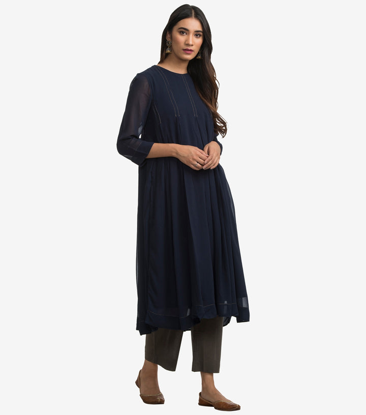 Navy Blue Georgette Kurta & Cotton Pants Set