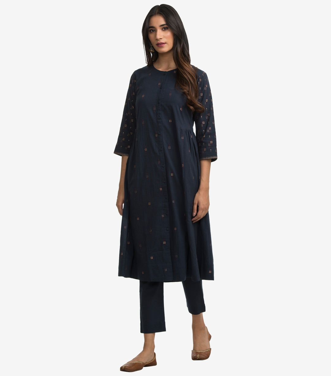 Navy Blue Embroidered Cotton Suit Set