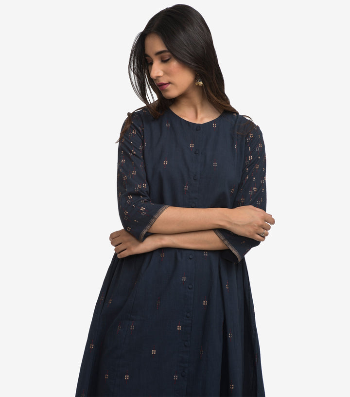 Navy Blue Embroidered Cotton Suit Set