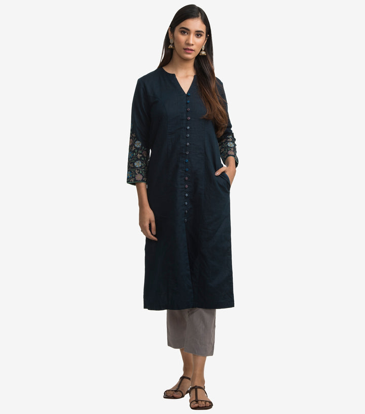 Navy embroidered cotton linen kurta