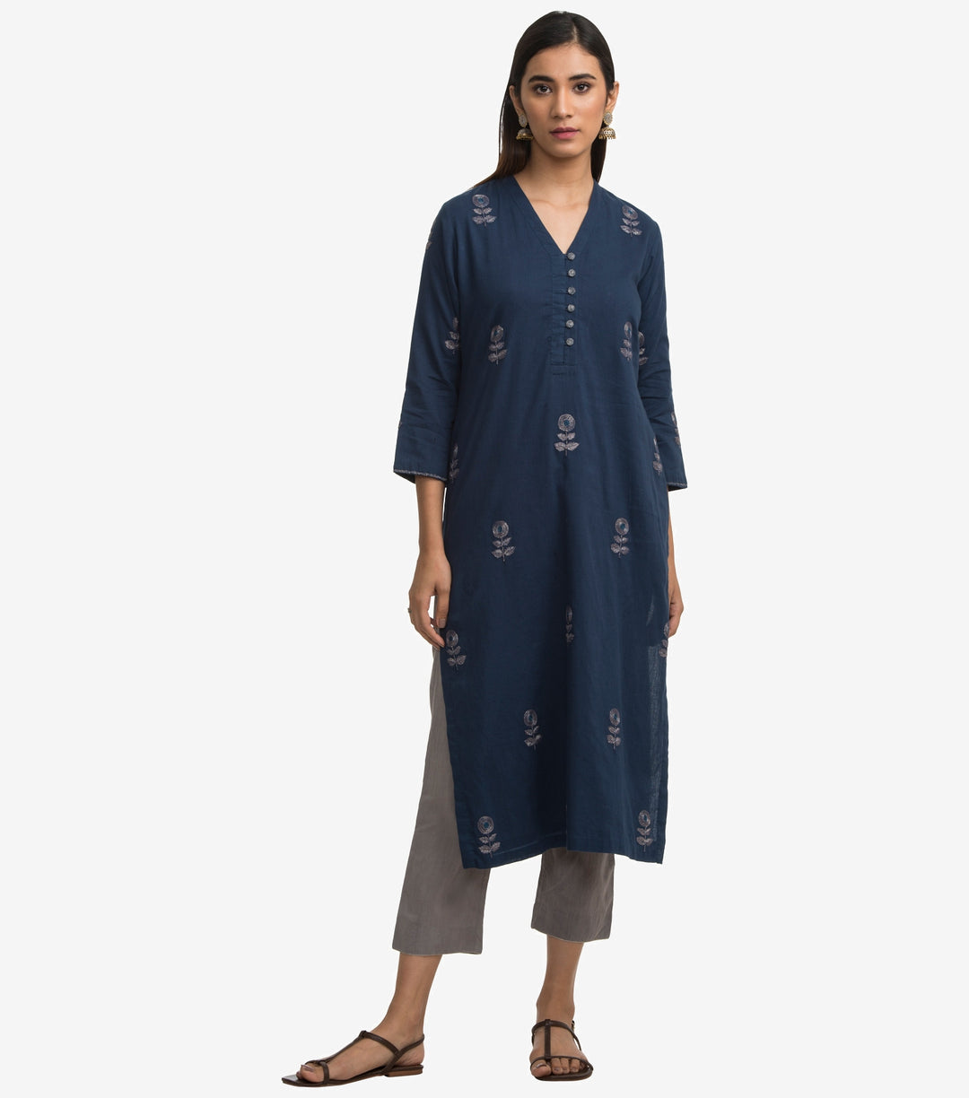 Blue cambric embroidered kurta