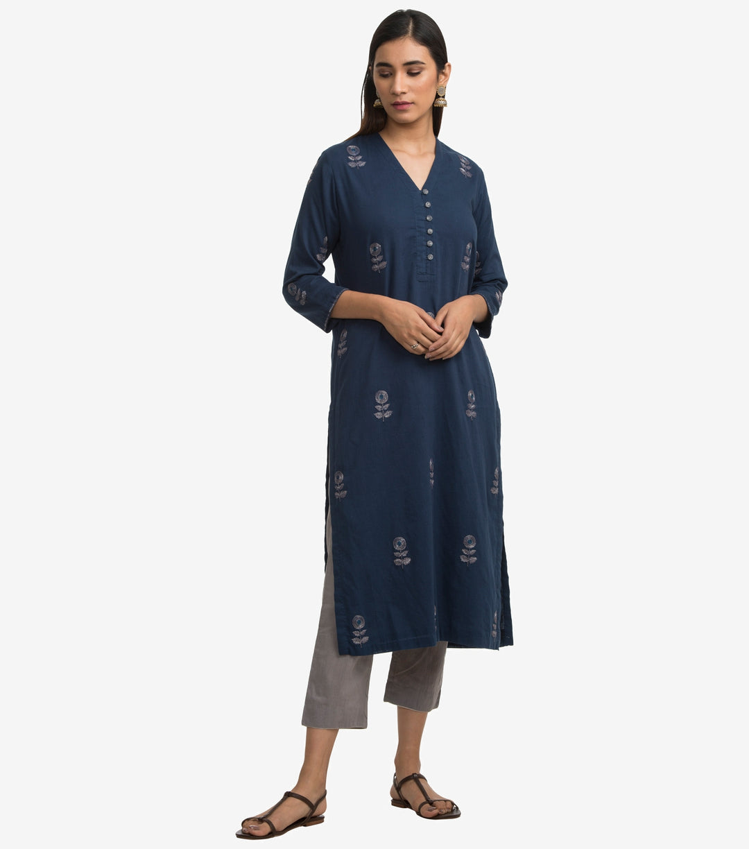 Blue cambric embroidered kurta