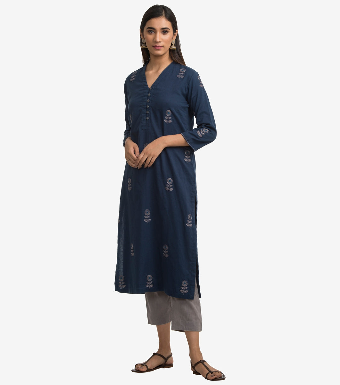 Blue cambric embroidered kurta