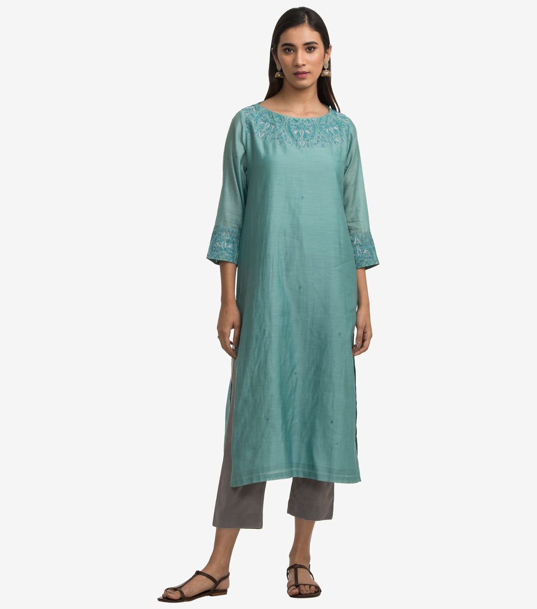 Green embroidered chanderi kurta