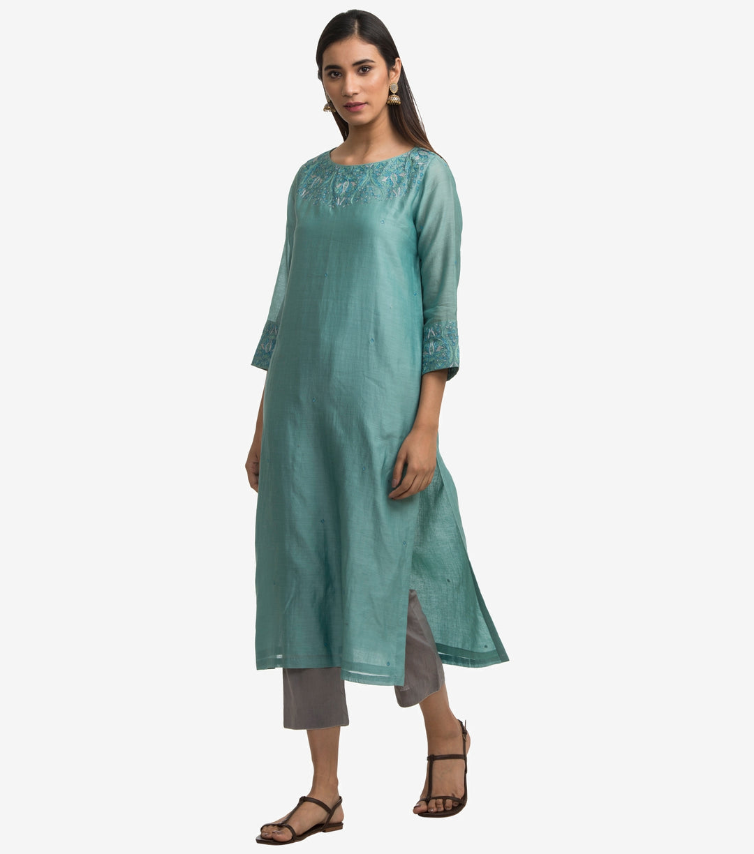 Green embroidered chanderi kurta