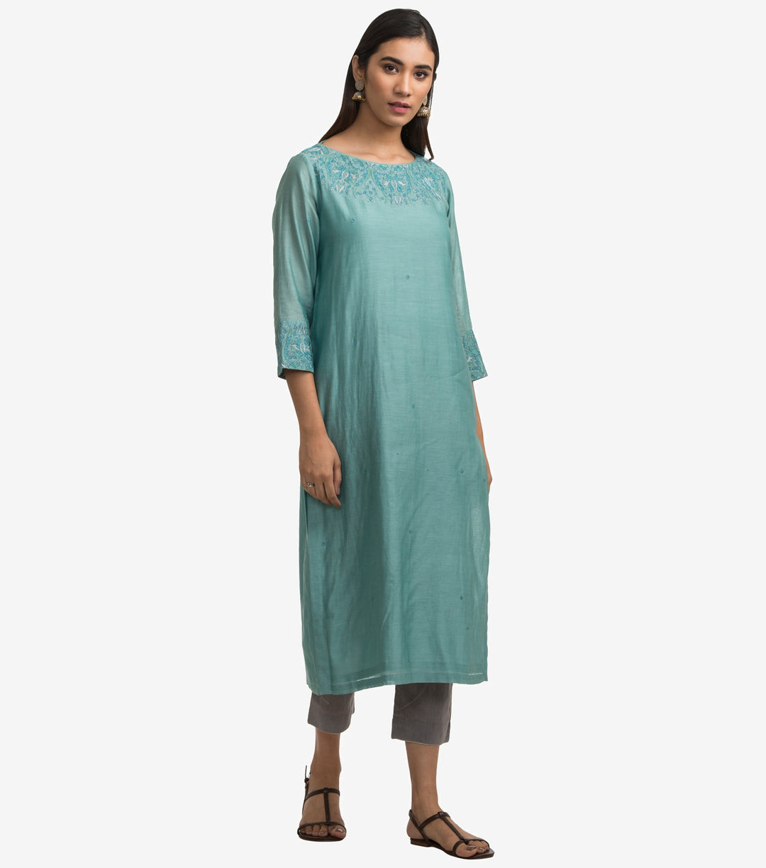 Green embroidered chanderi kurta