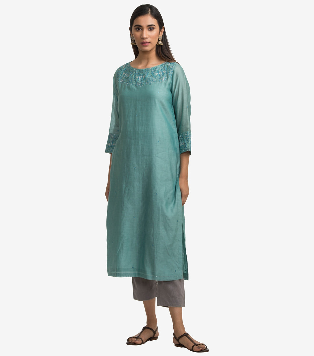 Green embroidered chanderi kurta