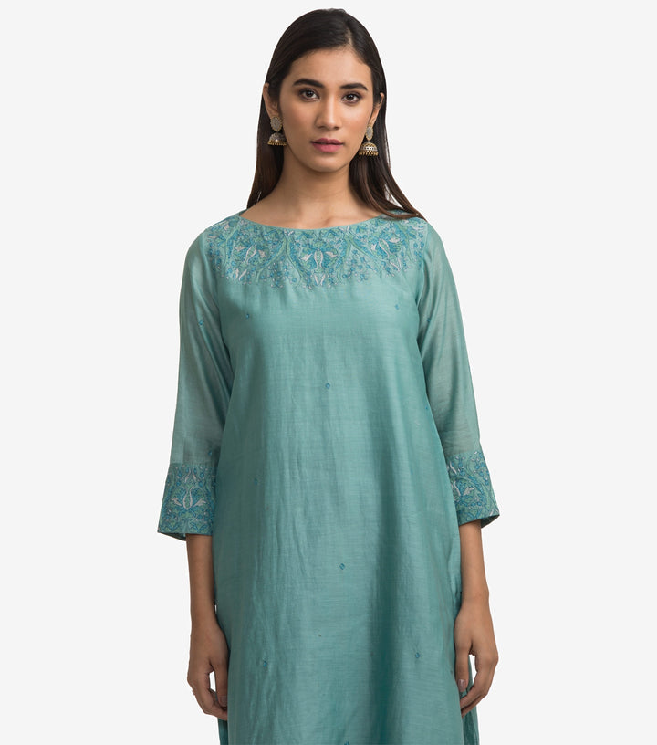 Green embroidered chanderi kurta