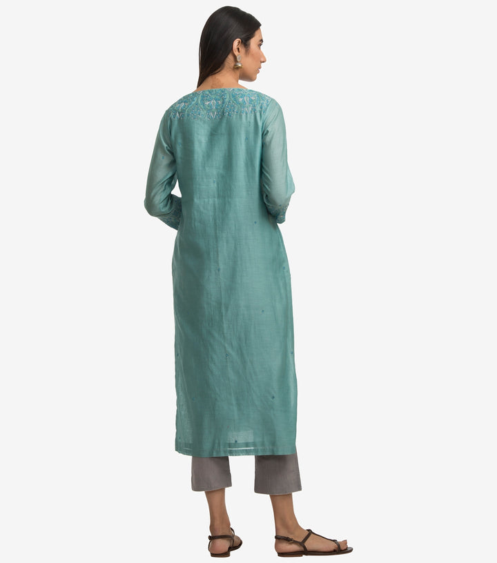 Green embroidered chanderi kurta