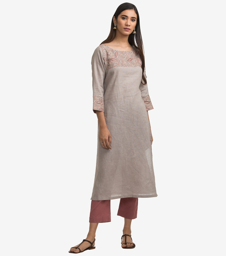 Grey linen embroidered kurta