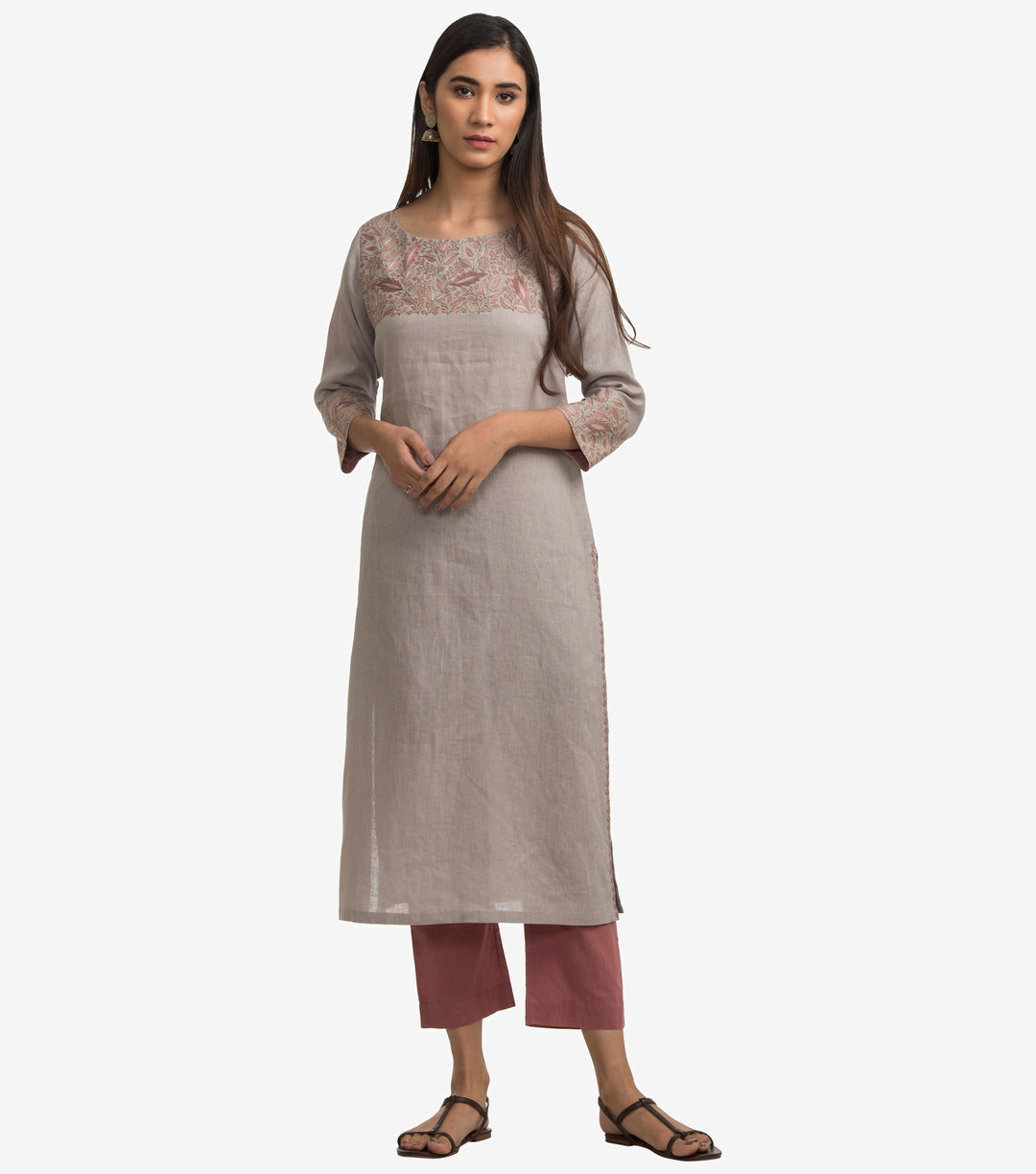 Grey linen embroidered kurta