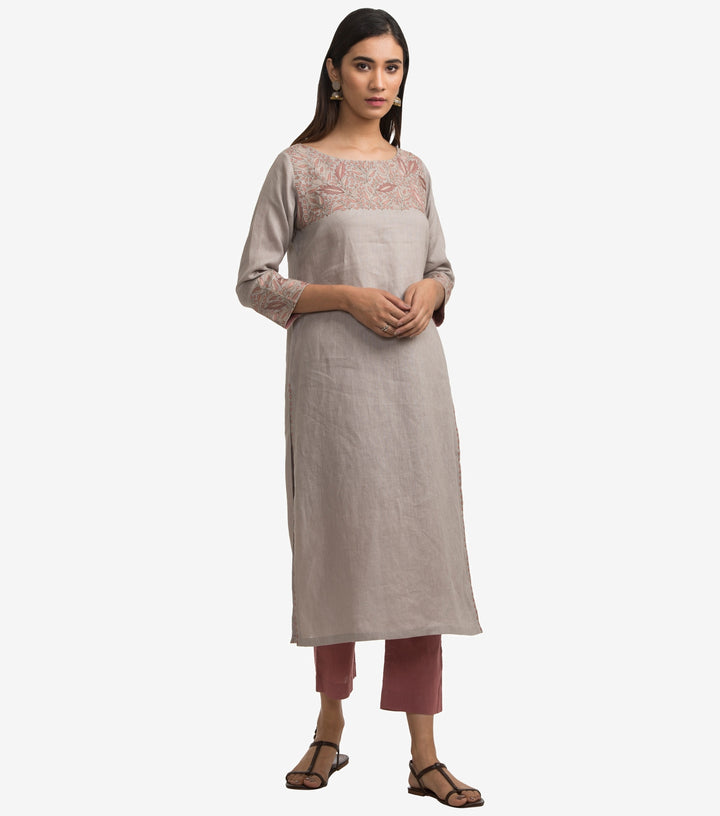 Grey linen embroidered kurta