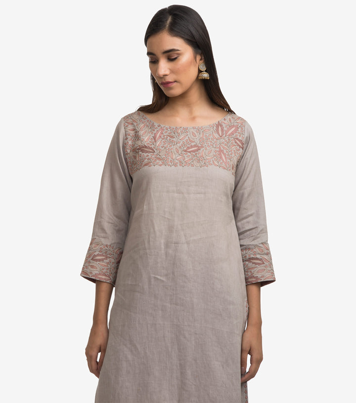 Grey linen embroidered kurta