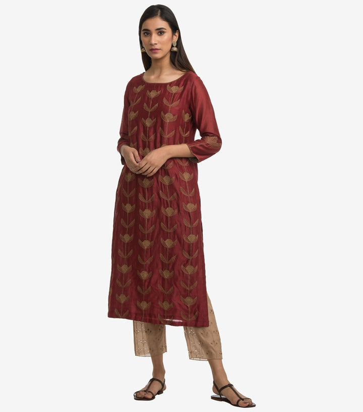 Maroon embroidered chanderi kurta