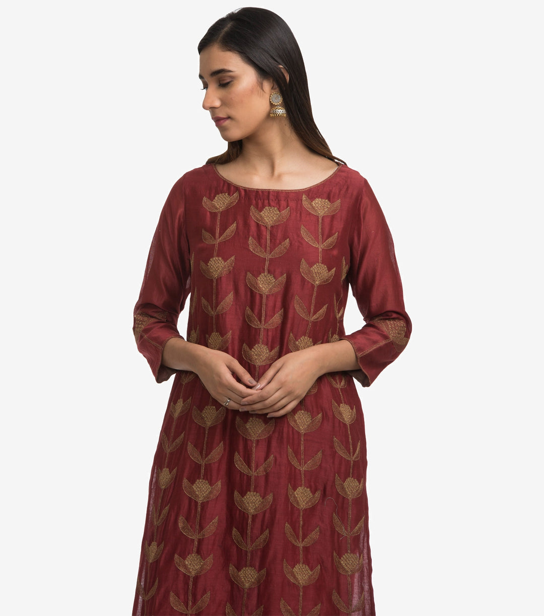 Maroon embroidered chanderi kurta