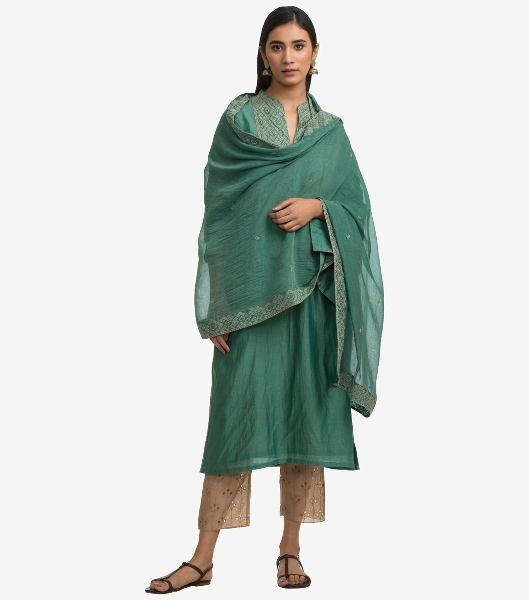 Green Zari embroidered chanderi dupatta