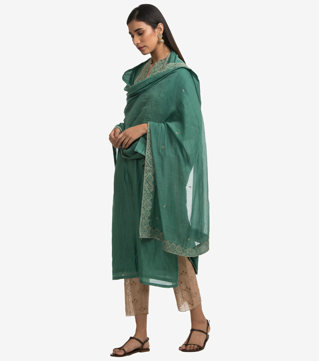 Green Zari embroidered chanderi dupatta