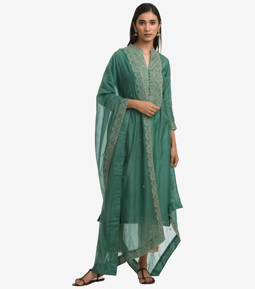 Green Zari embroidered chanderi dupatta