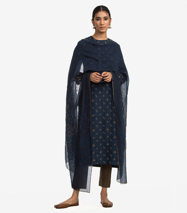 Indigo Cotton silk embroidered kurta set