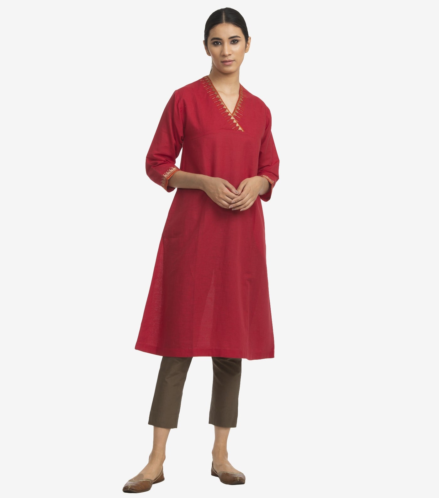 Red embroidered linen kurta