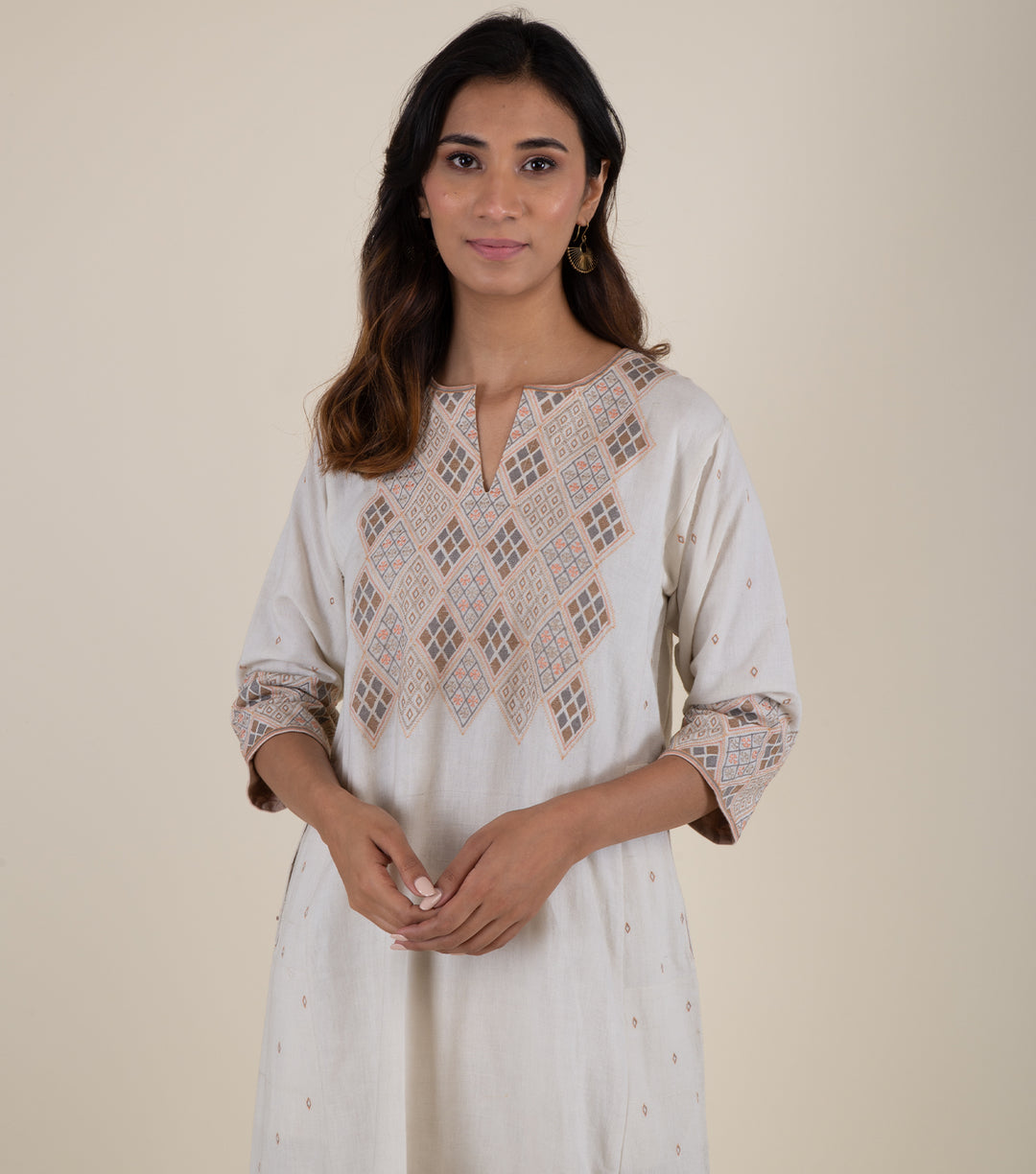 Natural Embroidered Cotton Linen Kurta