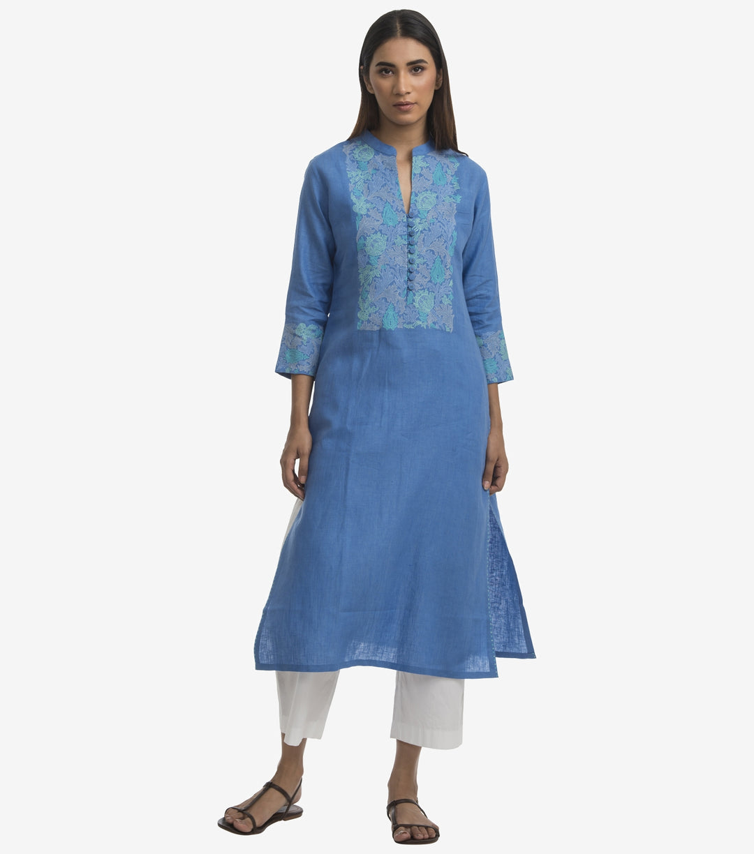 Blue linen embroidered kurta