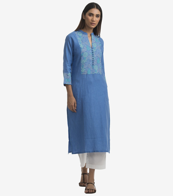 Blue linen embroidered kurta