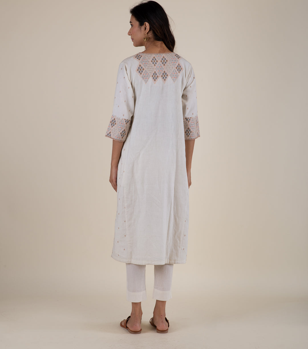 Natural Embroidered Cotton Linen Kurta