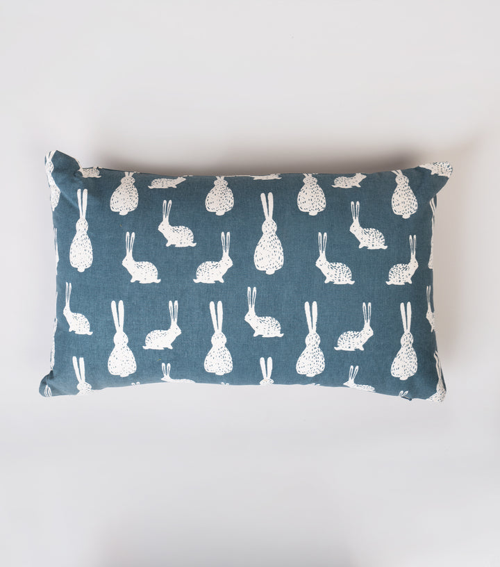 Teal Blue Printed Cotton Cushion Cover