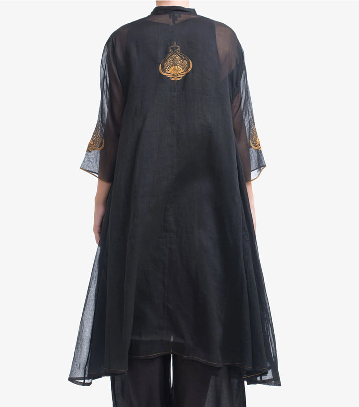 Black Embroidery Fine Cotton Choga