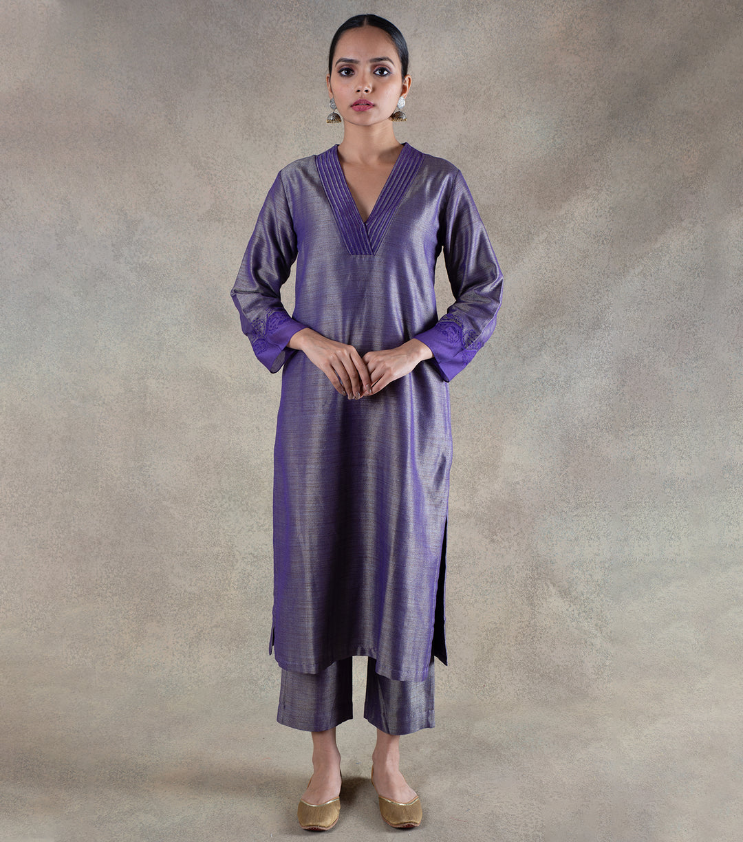 Purple Brocade Kurta with pants & Chanderi Dupatta Set