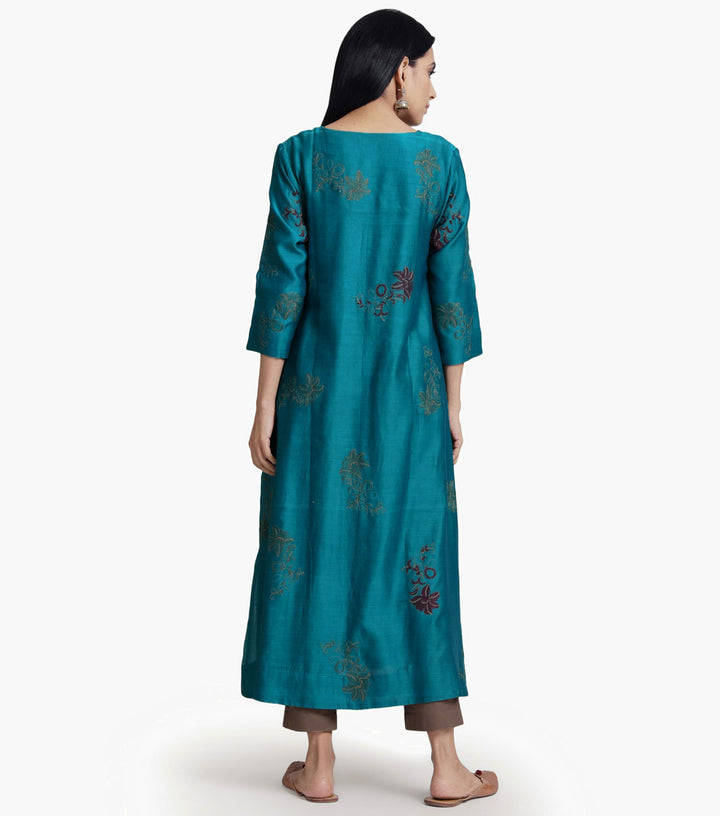 Teal chanderi embroidered kurta