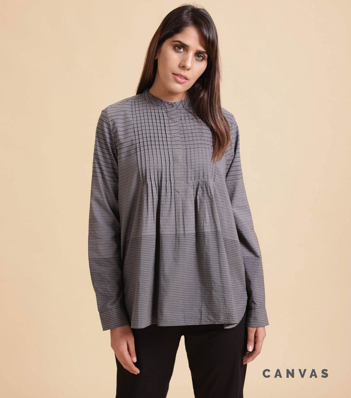 Grey pleated striped shirt