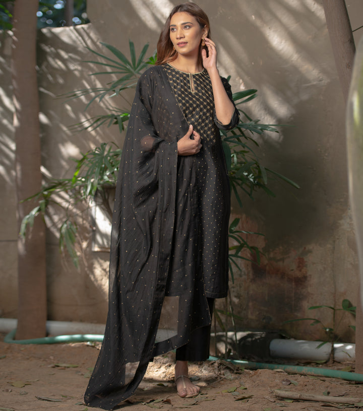 Black Embroidered Chanderi Suit Set