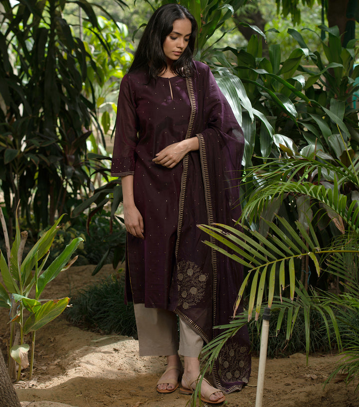 Plum Chanderi Kurta & Dupatta Set