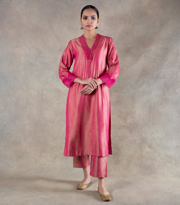 Pink Brocade Kurta with Pants and Chanderi Dupatta Set