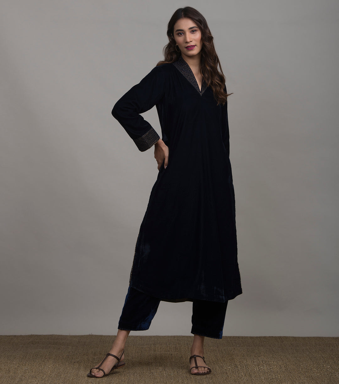 Navy Velvet embroidered Kurta Set