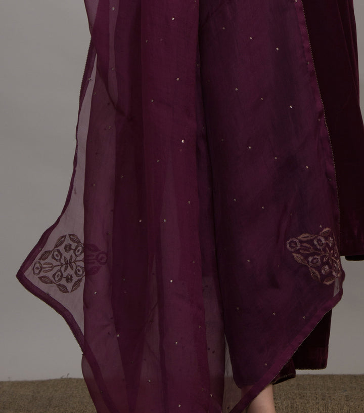 Wine Organza embroidered Dupatta