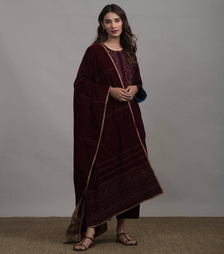 Maroon Embroidered Velvet Kurta & Pants Set