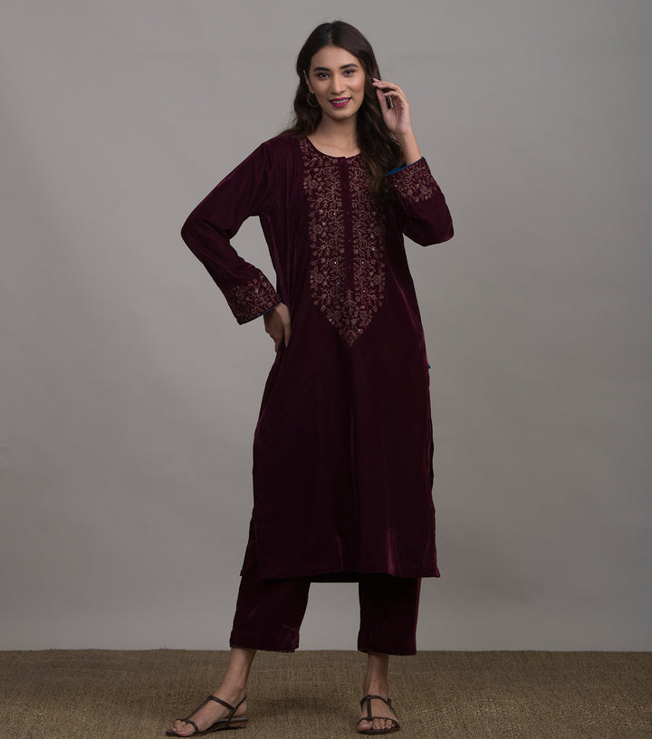 Maroon Embroidered Velvet Kurta & Pants Set