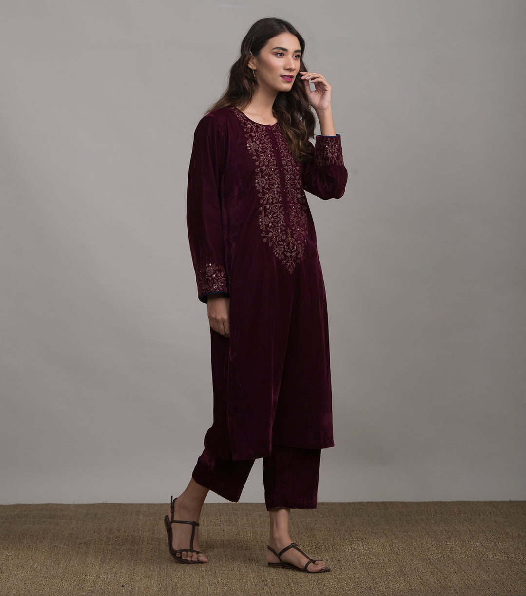 Maroon Embroidered Velvet Kurta & Pants Set