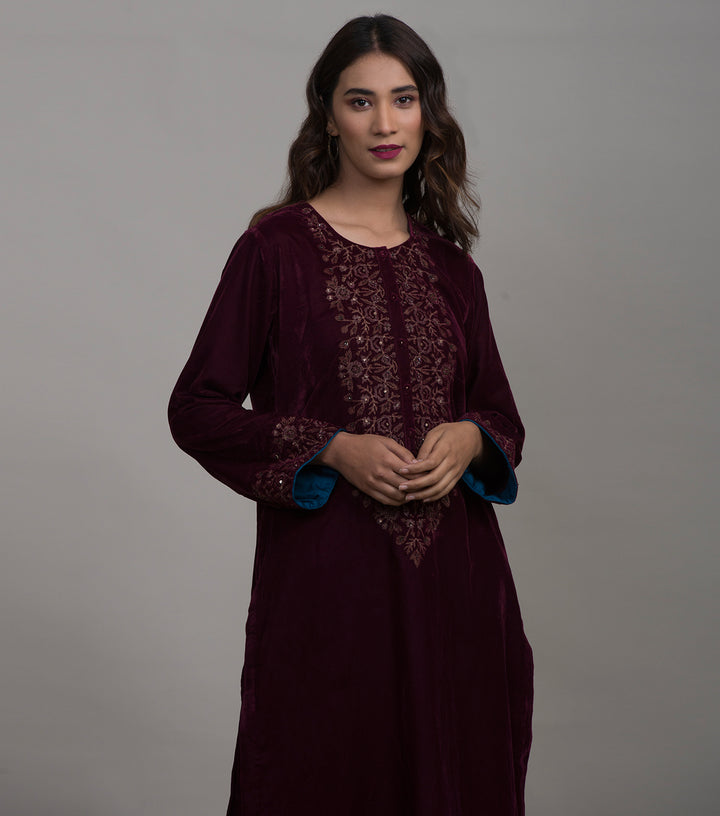 Maroon Embroidered Velvet Kurta & Pants Set