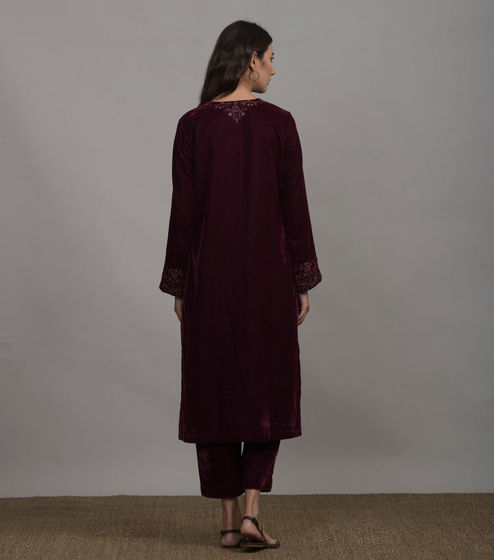 Maroon Embroidered Velvet Kurta & Pants Set