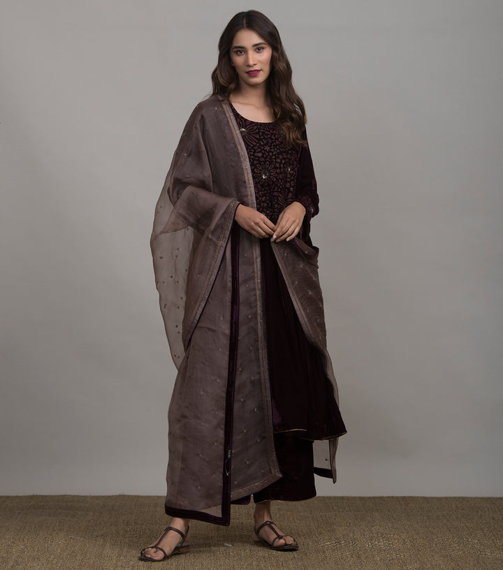 Plum embroidered velvet kurta set