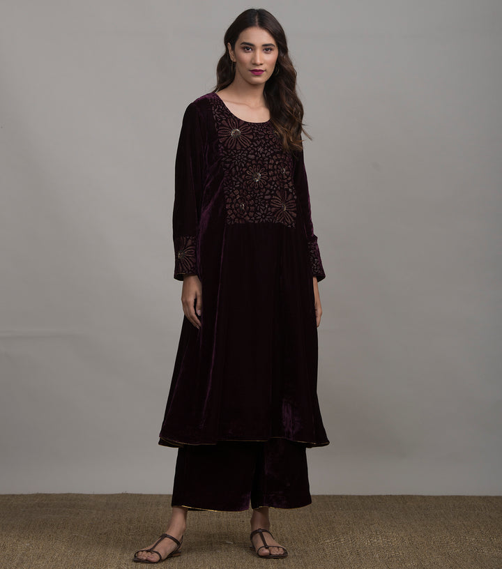 Plum embroidered velvet kurta set