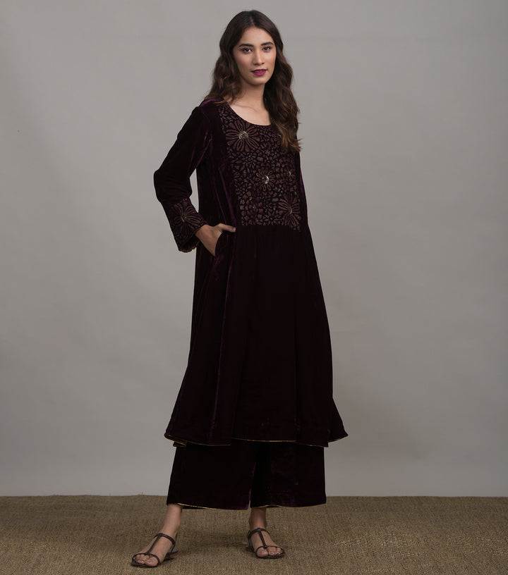 Plum embroidered velvet kurta set