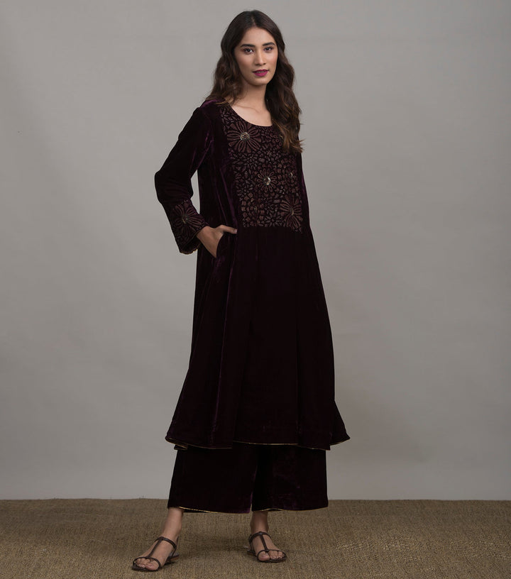 Plum Embroidered Velvet Kurta