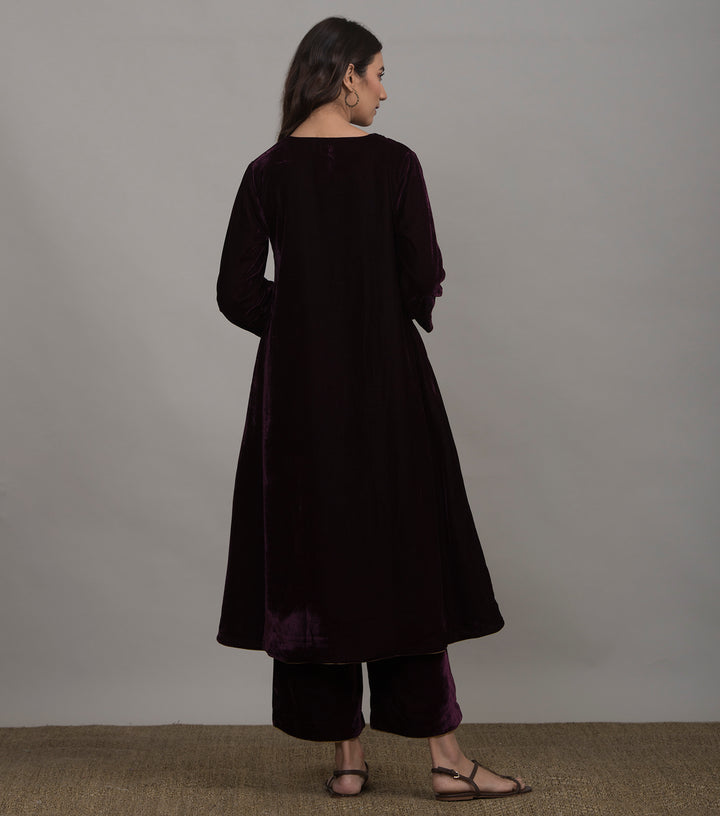 Plum embroidered velvet kurta set