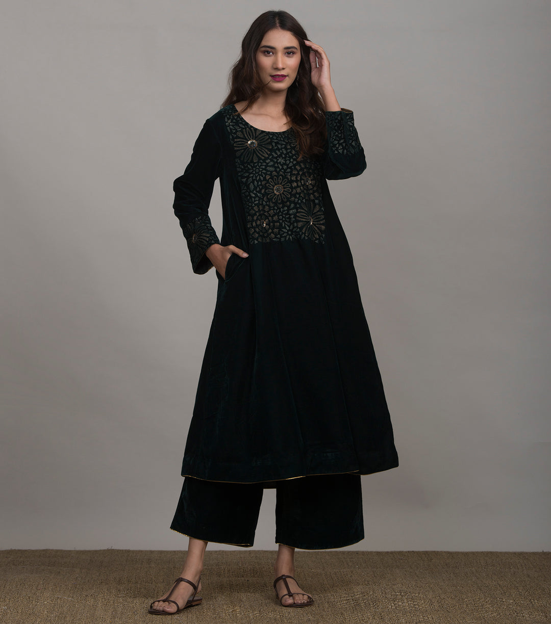 Green embroidered velvet kurta set