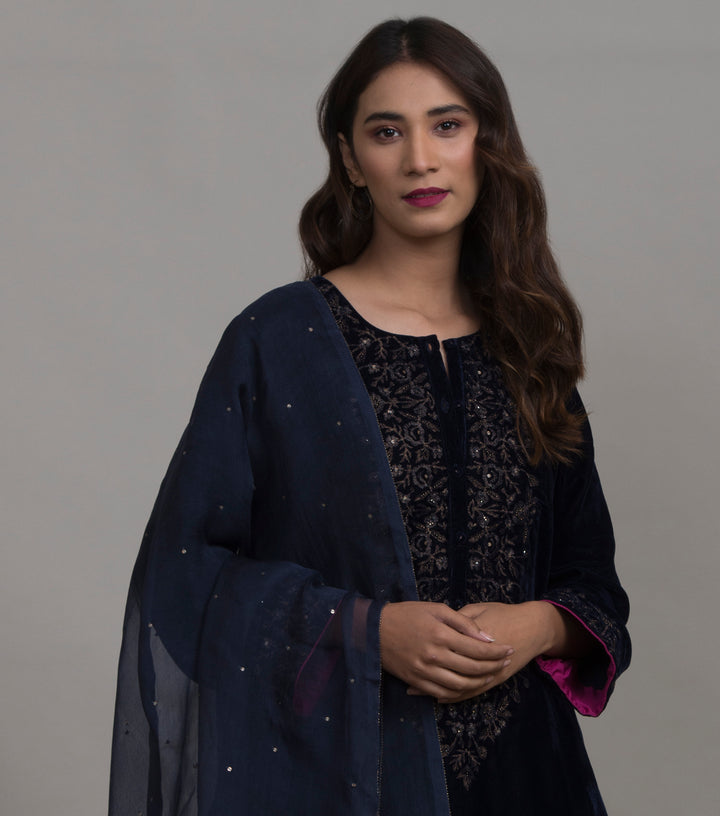 Navy Organza embroidered Dupatta